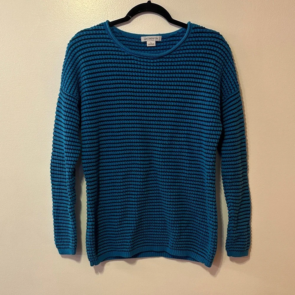 Liz Claiborne Blue Textured Knit Sweater Long Sleeve Pullover Women's Large - Picture 2 of 7